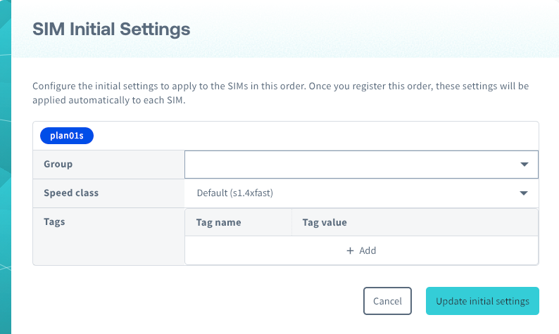Screenshot of the Assign Initial Settings screen for IoT SIMs in an order