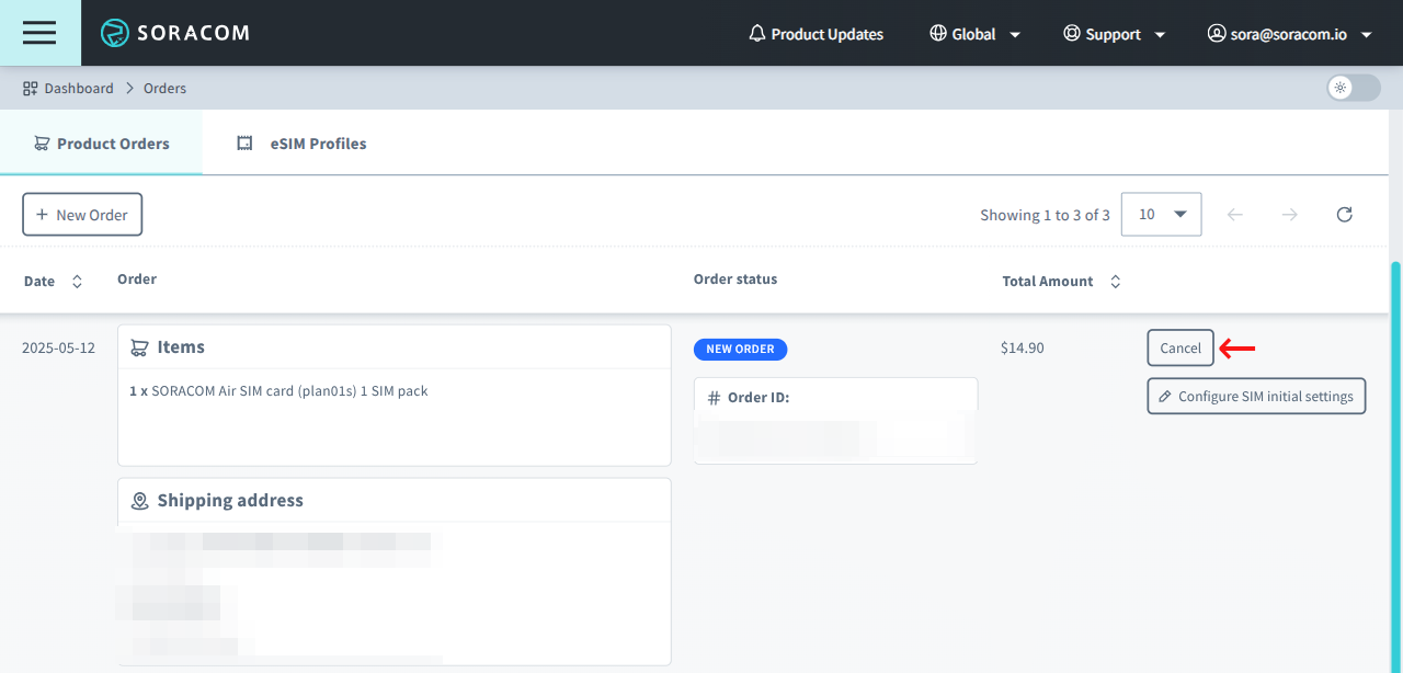 Screenshot of the Product Orders tab outlining cancellation and tracking options