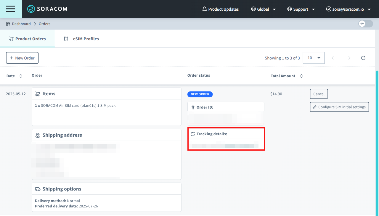 Screenshot of the Product Orders tab showing details related to an order that was placed