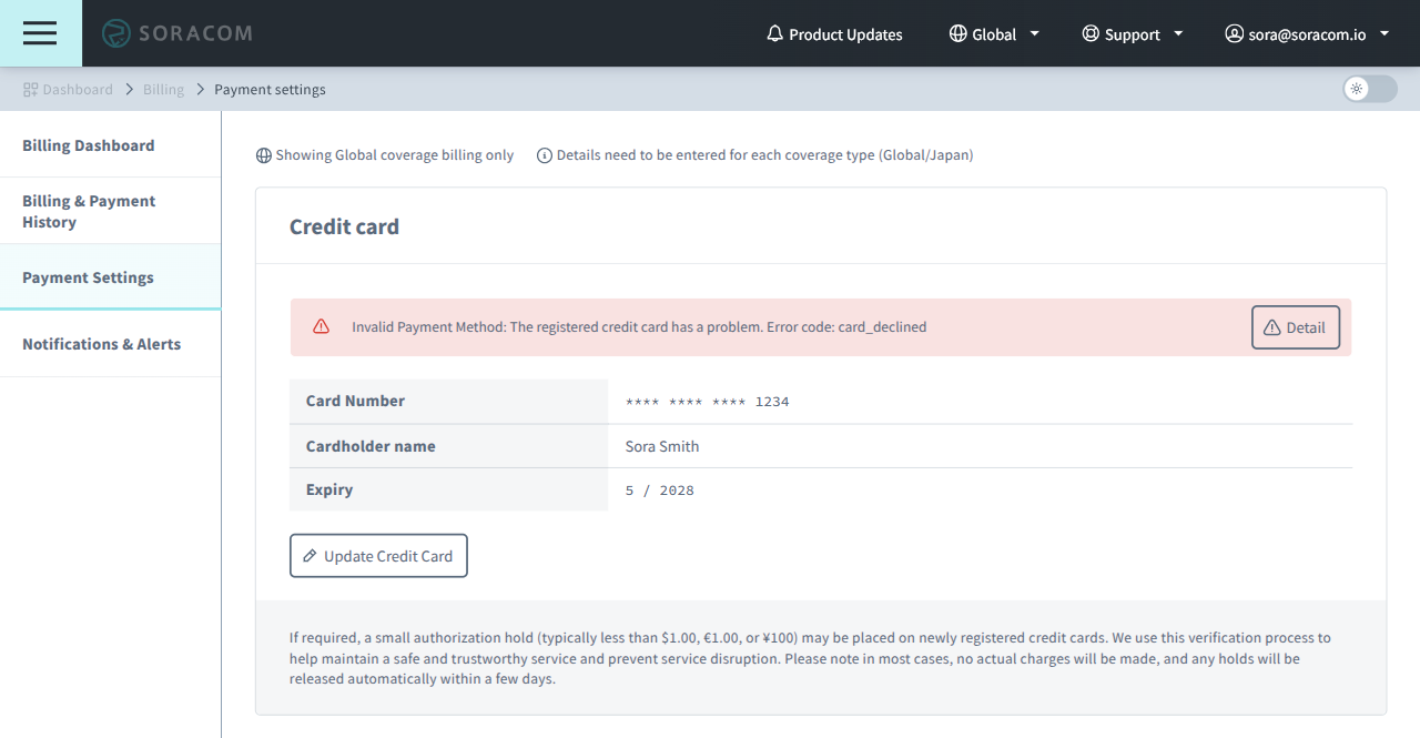 Credit card error - error code: card_declined