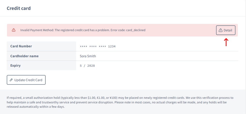 Payment detail dialog with Detail button