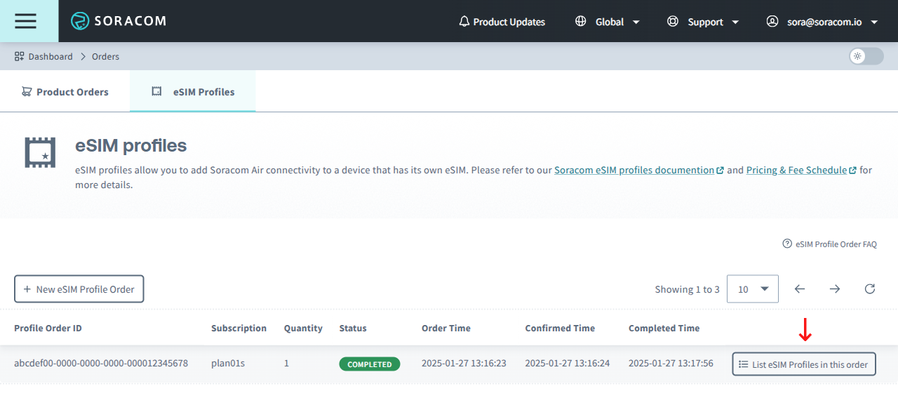 Image of the eSIM Profiles screen in the Soracom Console, showing a completed order and the 'List eSIM Profiles in this order' button.