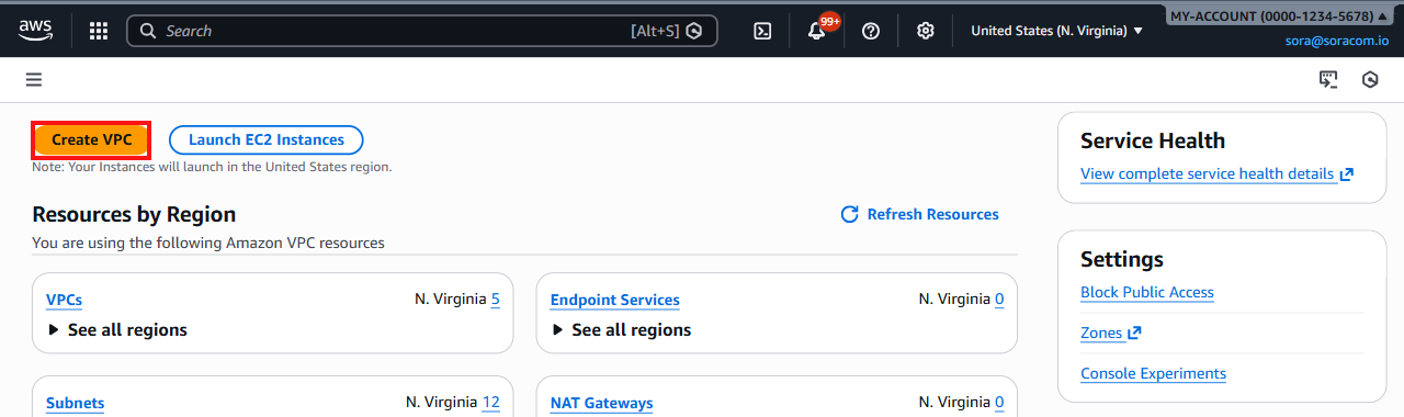 VPC Dashboard with Create VPC button highlighted