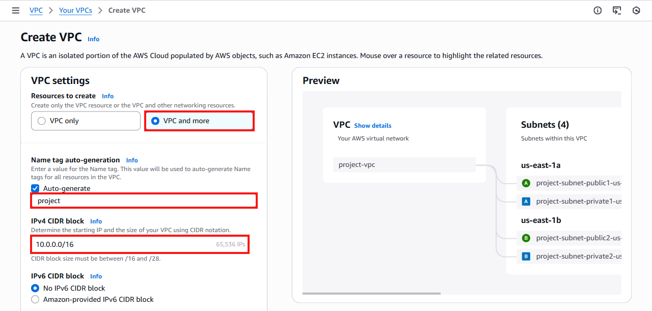 Create VPC page with VPC and more option, name, and IPv4 CIDR block highlighted
