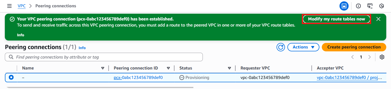 Accept VPC Peering Connection Request dialog with Modify my route tables now link highlighted