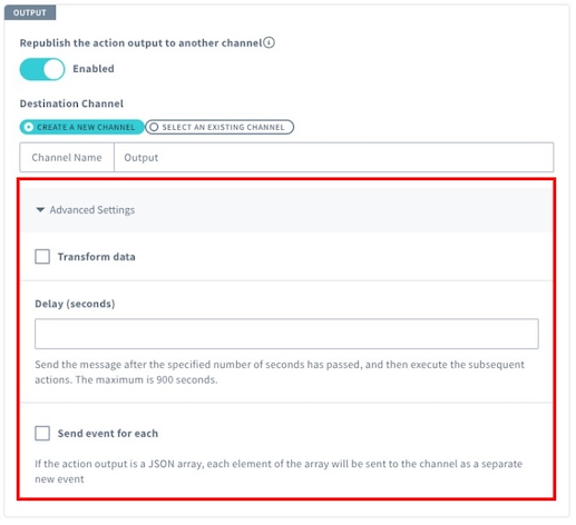 Screenshot of Output settings such as Transform data and Send event for each