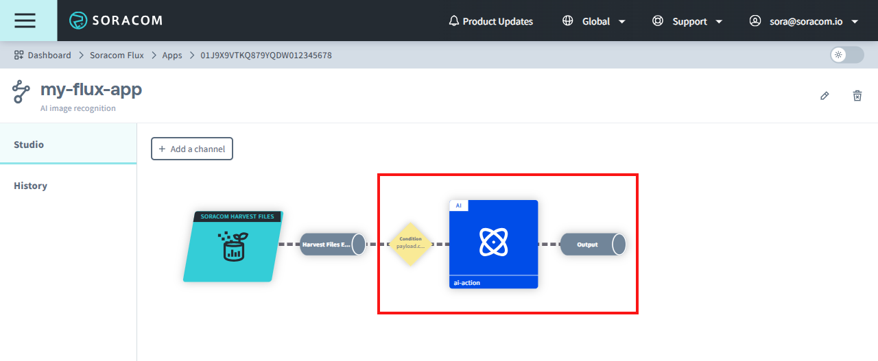An image of the Flux Studio tab highlighting the new elements added in the Create an AI Action to Analyze Events section