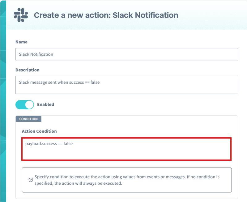 Slack Notification action dialog