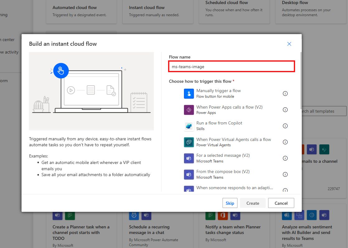 Screenshot highlighting the Flow Name input field in Microsoft Power Automate.
