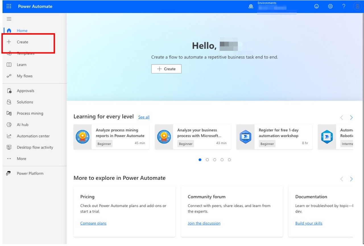 Screenshot of the Microsoft Power Automate console showing the Create option.
