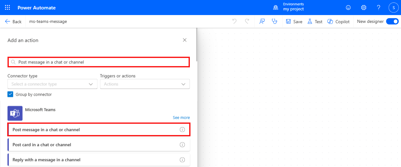 Screenshot of the action search panel for Post message in a chat or channel.