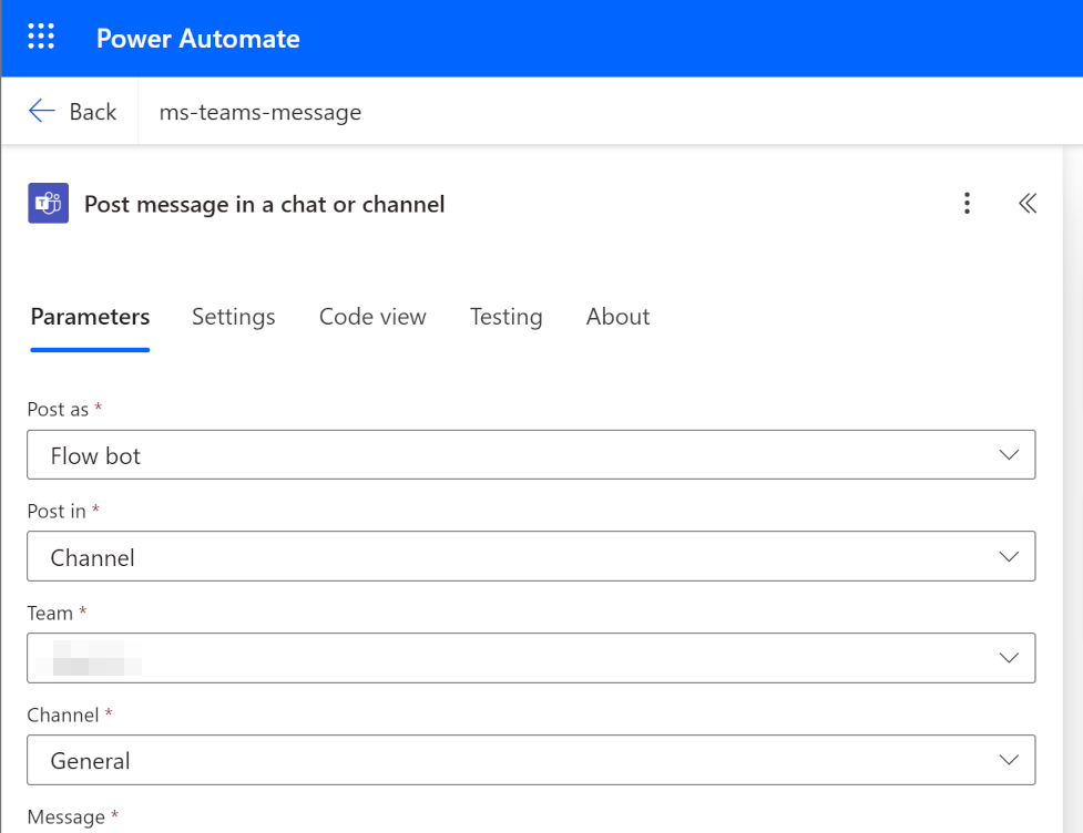Screenshot showing the configuration fields for posting a message as a Flow bot to a specific Microsoft Teams channel.