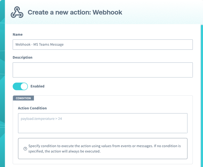 Screenshot displaying the action configuration fields (Name, Description, etc.).