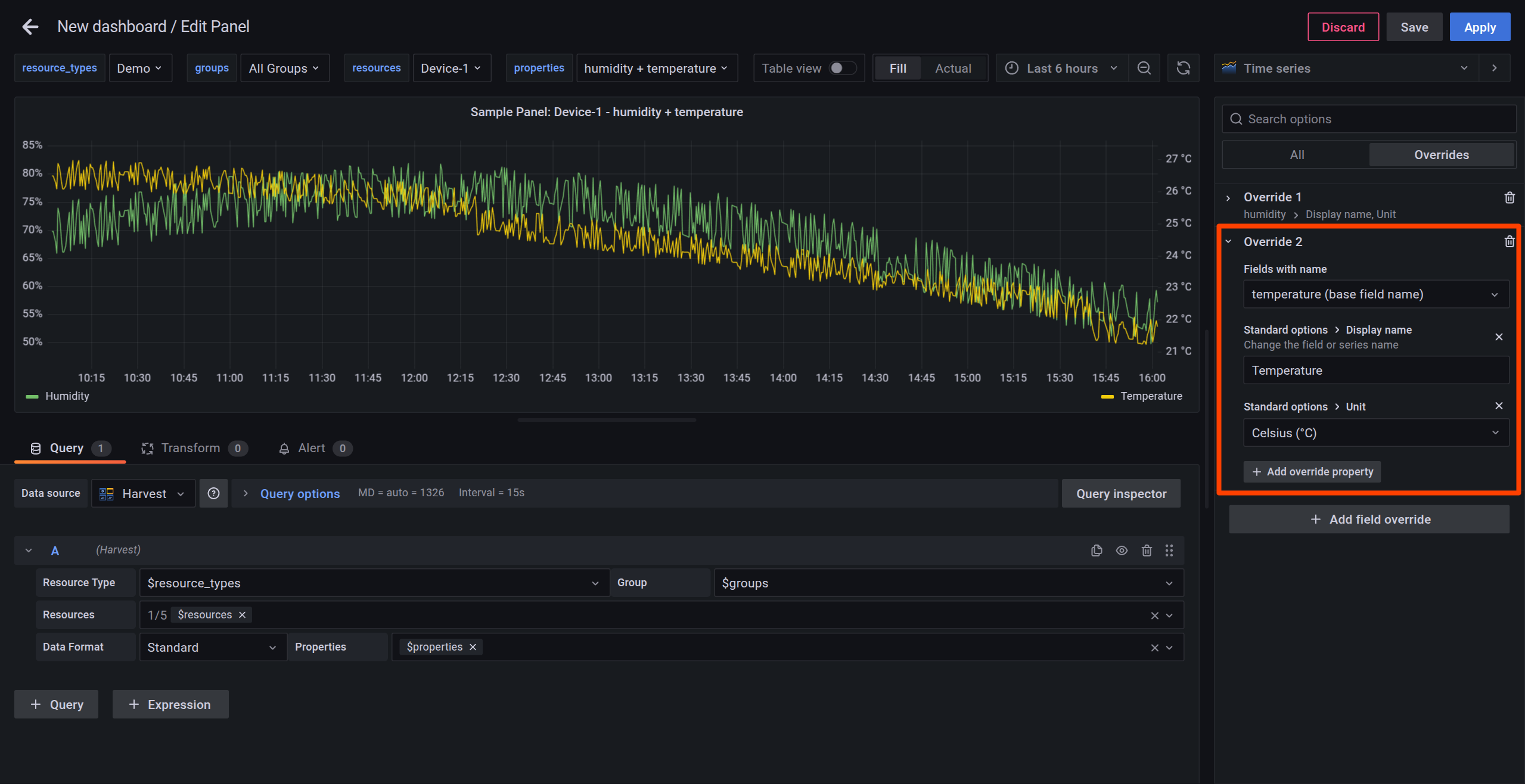 Set temperature display name and unit override