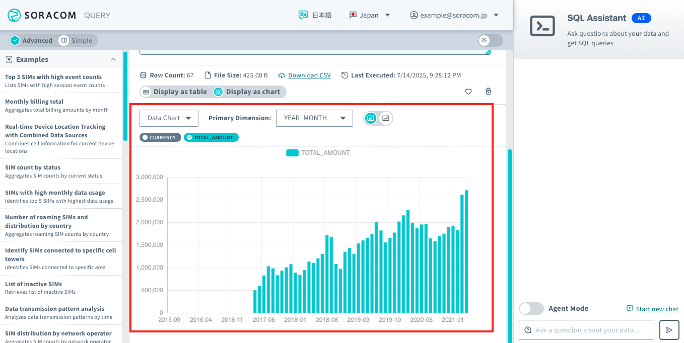 Query results showing billing history data