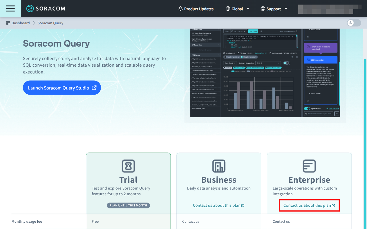 Screenshot of the link to contact Soracom for an Enterprise plan