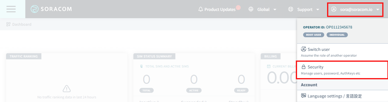 A screenshot of the Soracom User Console with the account menu open and the