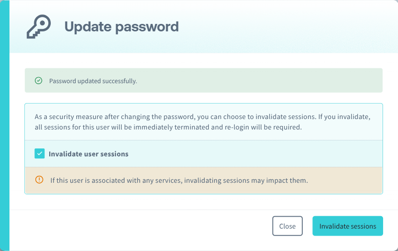 Dialog to invalidate SAM user session.