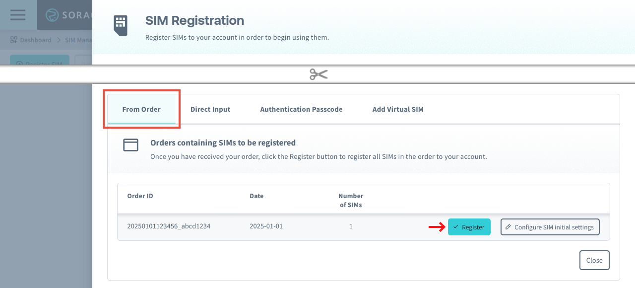 Register SIM from order