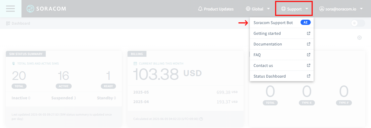 Screenshot of the Support menu and Soracom Support Bot menu item