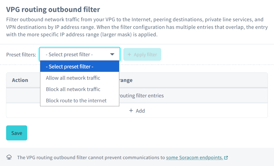 Screenshot showing the outbound routing filter preset filters dropdown