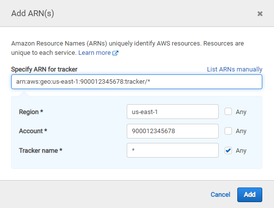 ARN settings dialog for Amazon Location Service tracker