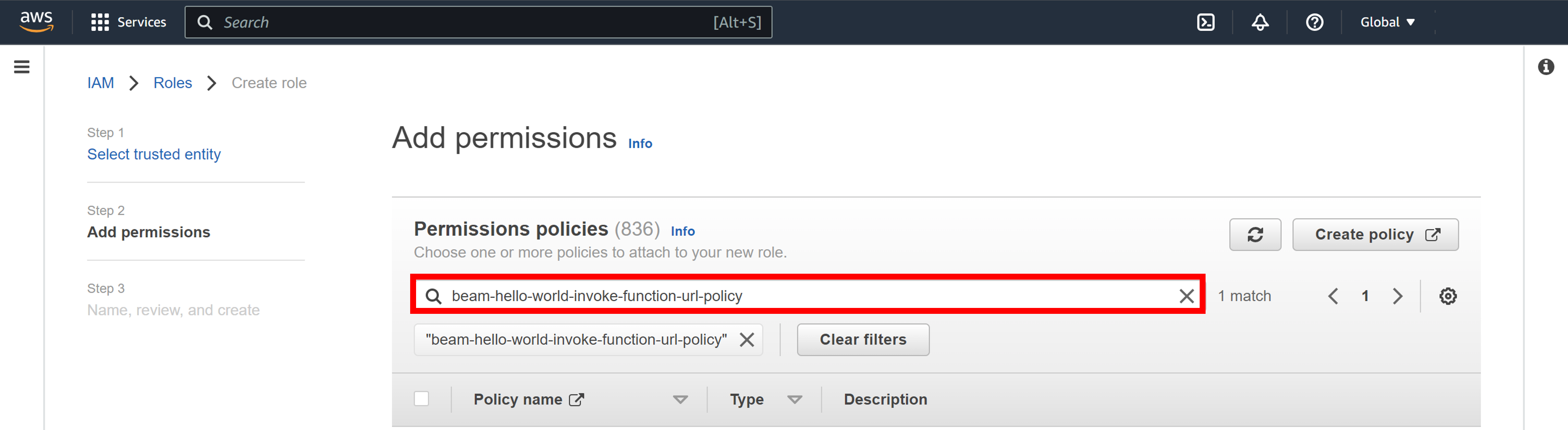 Reload and Select Created Policy