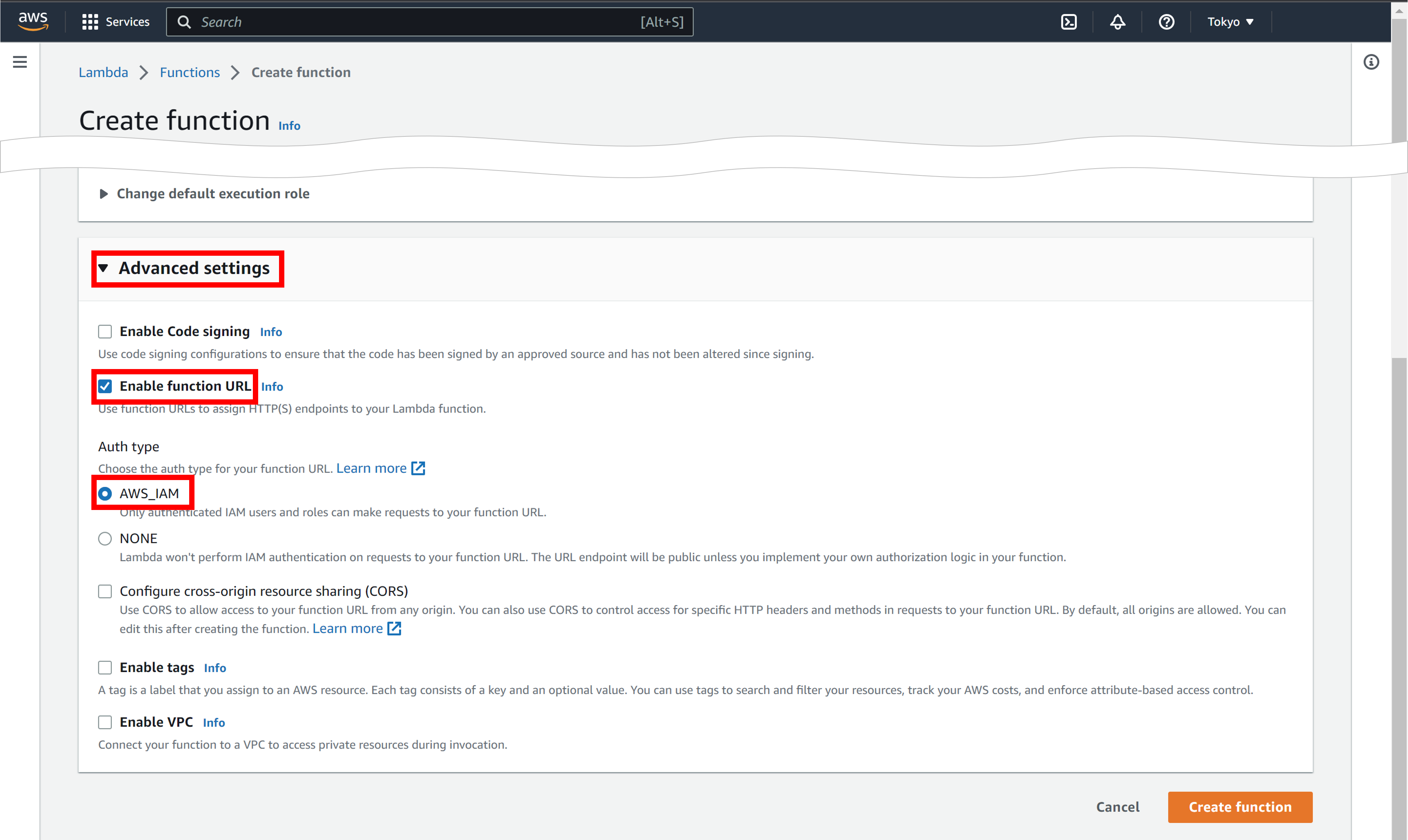 Enable Function URL Configuration