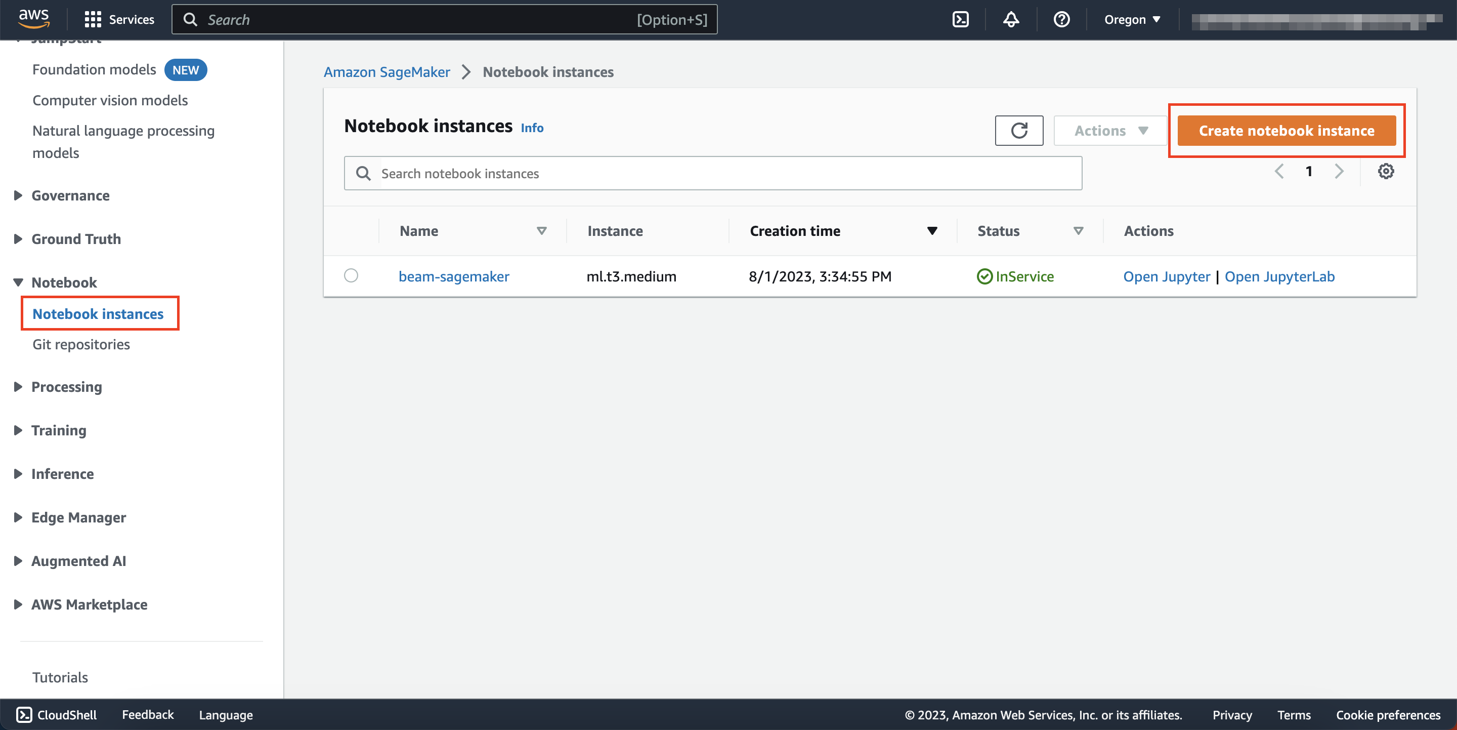 SageMaker Notebook Instances Menu