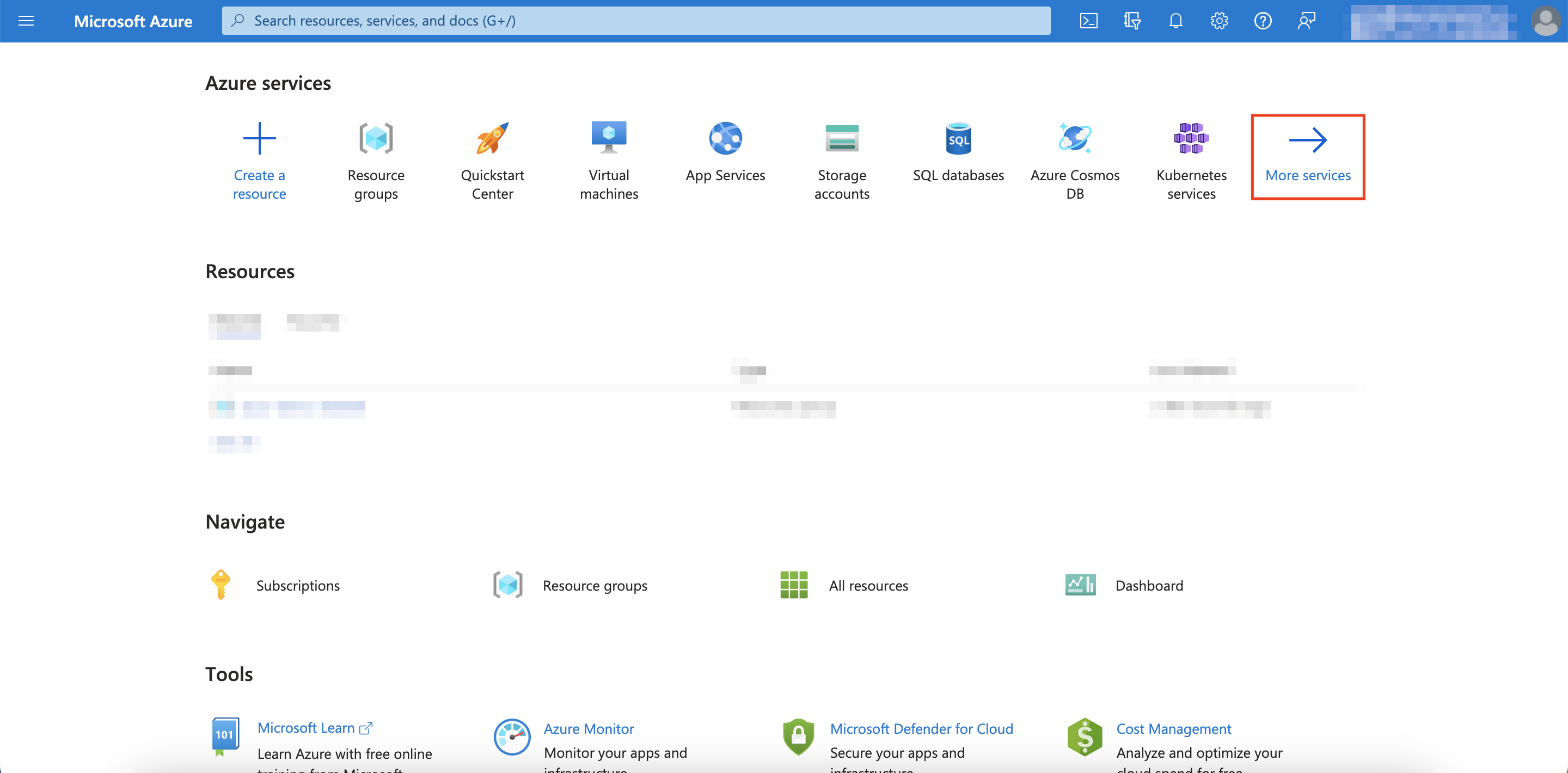 Azure Portal More Services Button