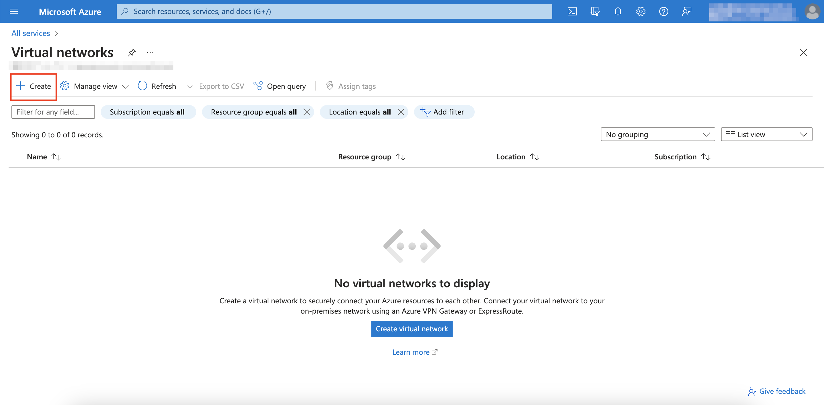 Create Virtual Network Button