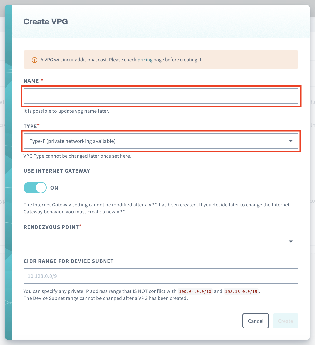 VPG Name and Type Selection