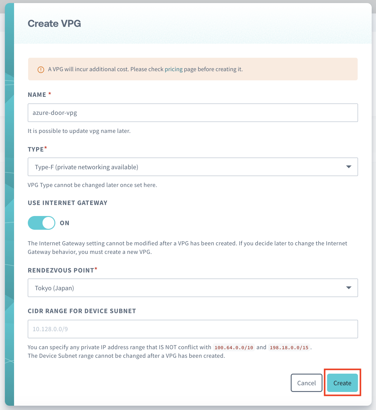 Create VPG Final Step