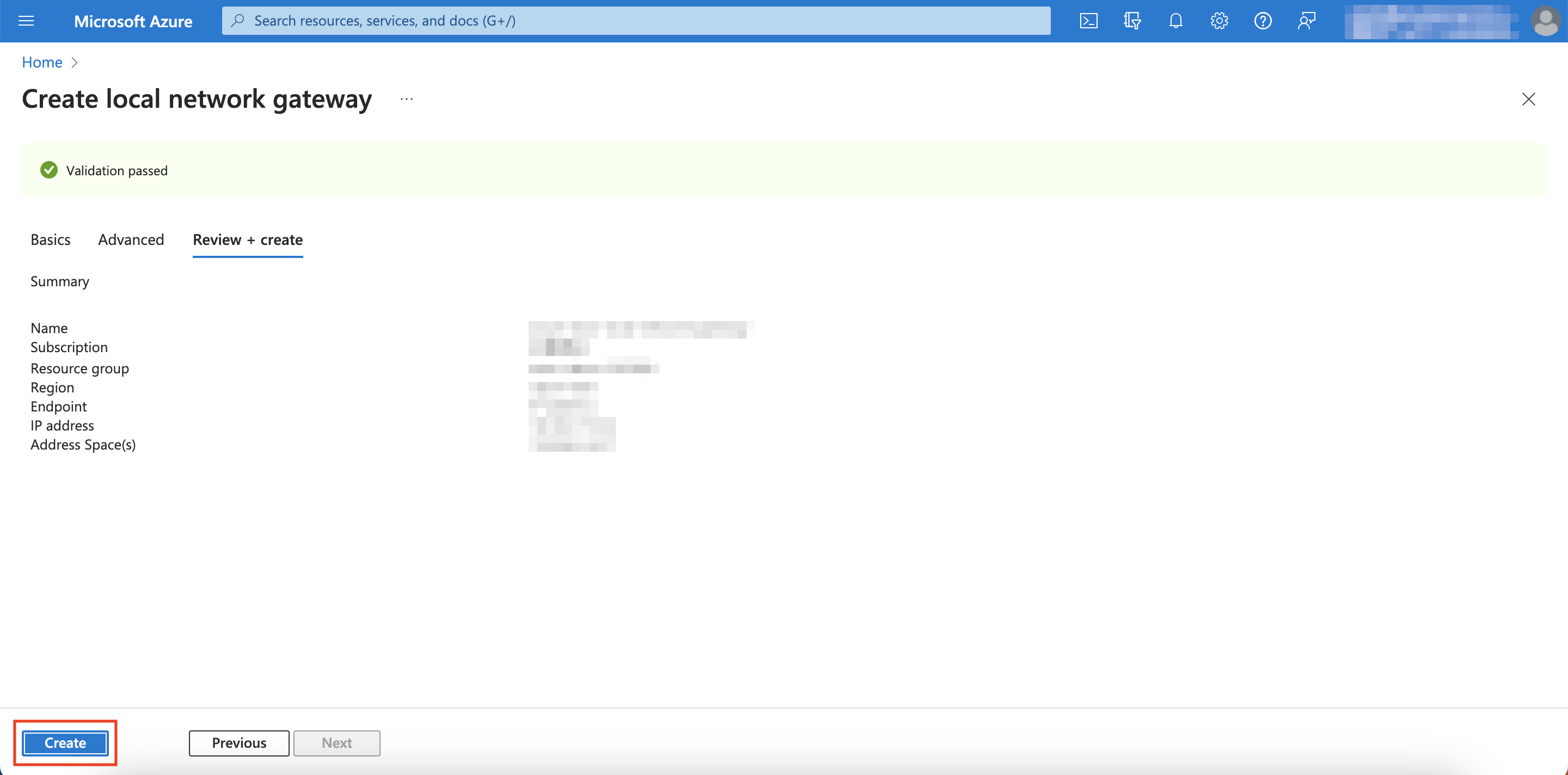 Create Local Network Gateway Final Step