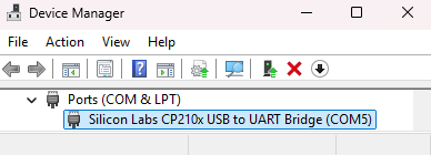 A screenshot of Windows device manager showing the connected device