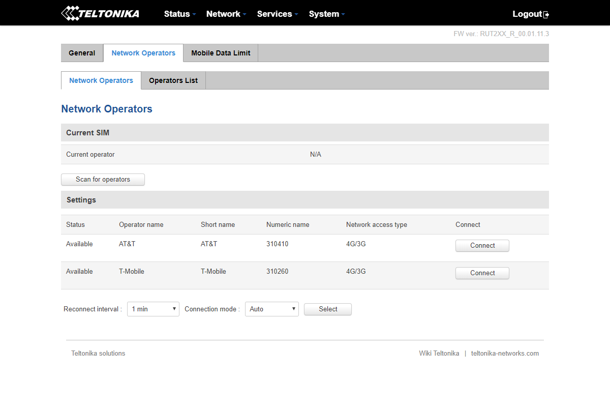 Network Operators tab with scan button