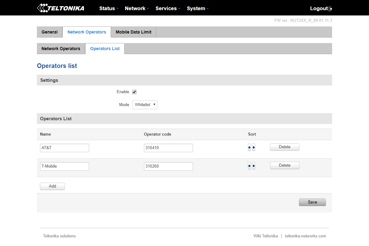 Operators List tab showing available networks