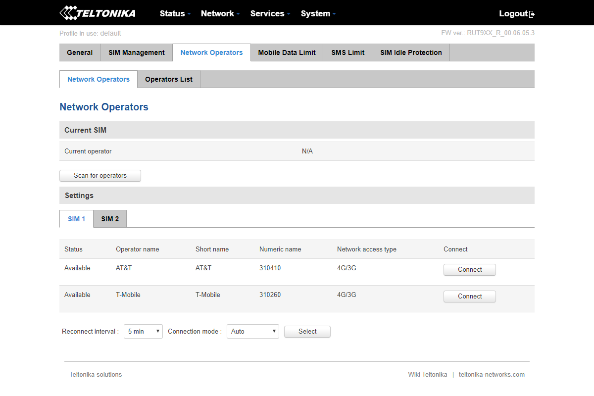 Network Operators tab with scan button