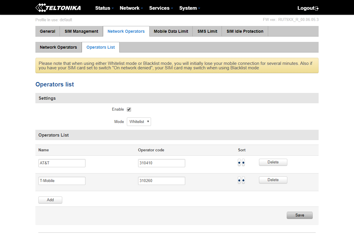 Operators List tab showing available networks