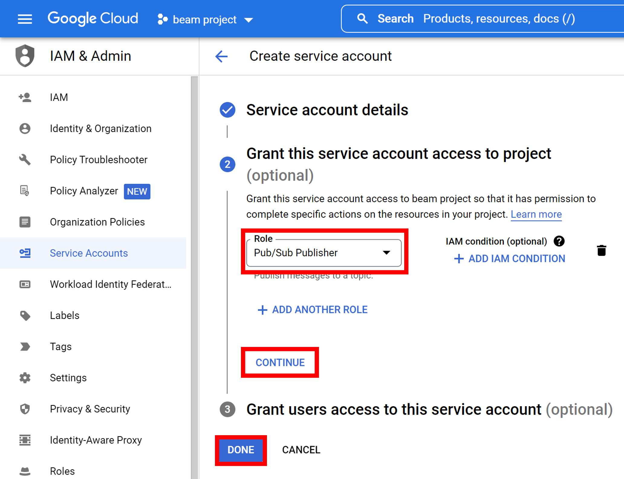 Pub/Sub Publisher Role Selection