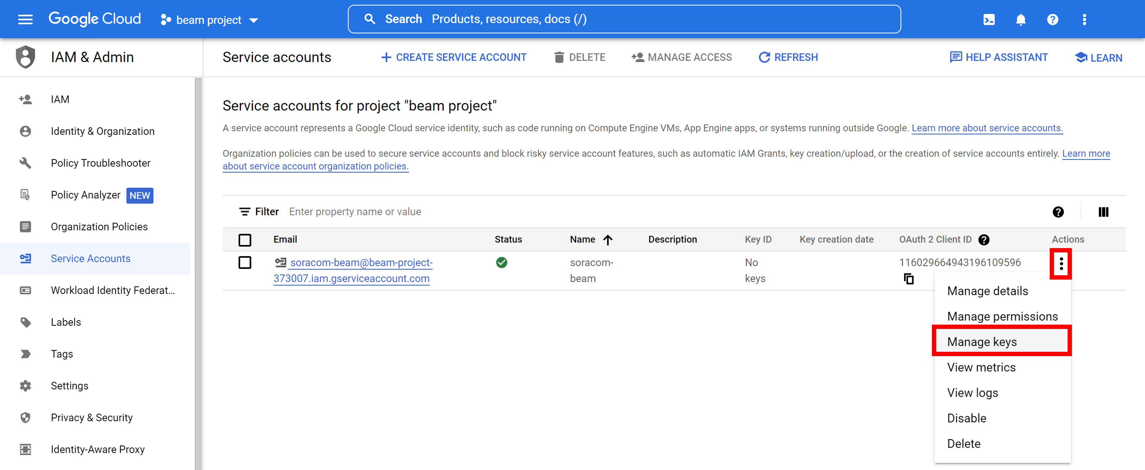Service Account Actions Menu