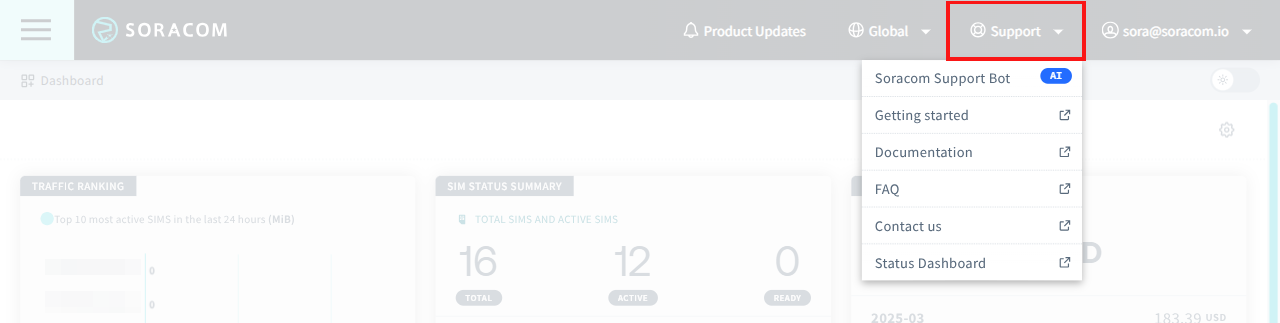 Screenshot of the Support menu