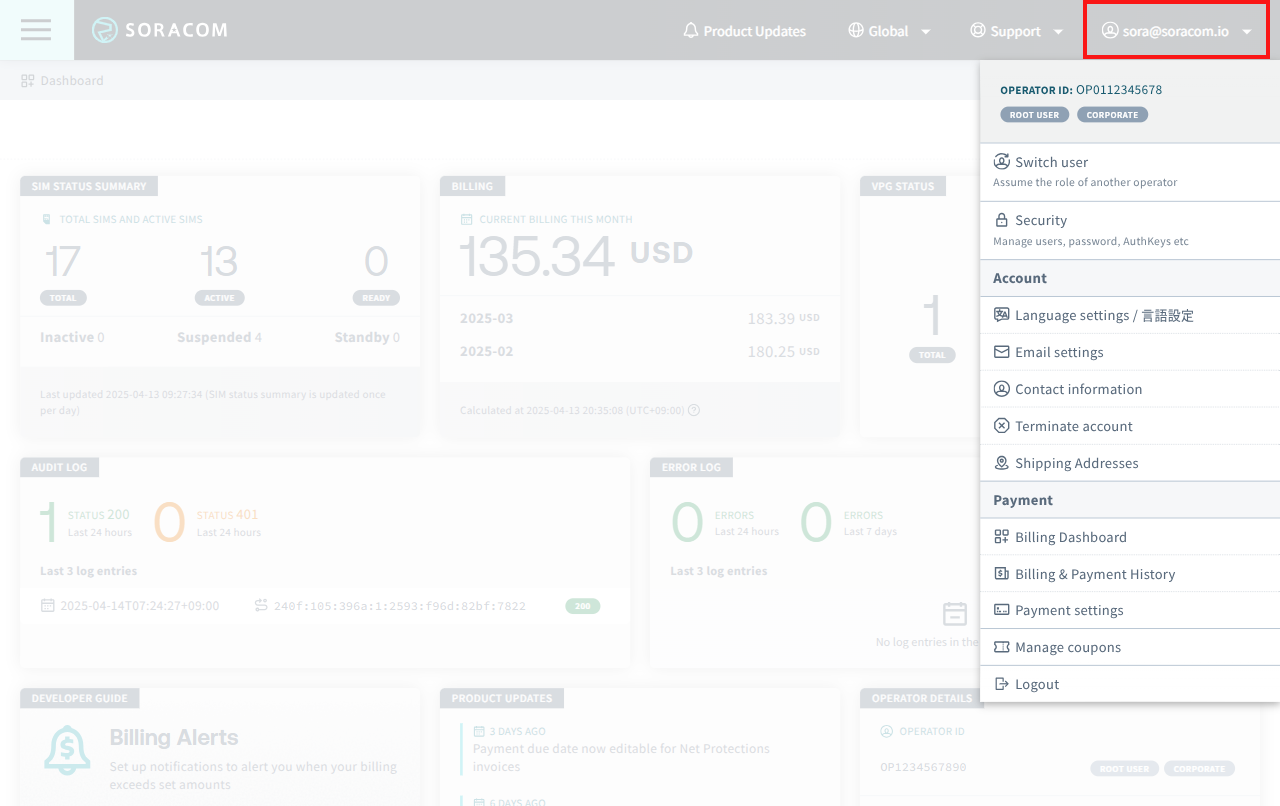 Screenshot of the Account menu dropdown